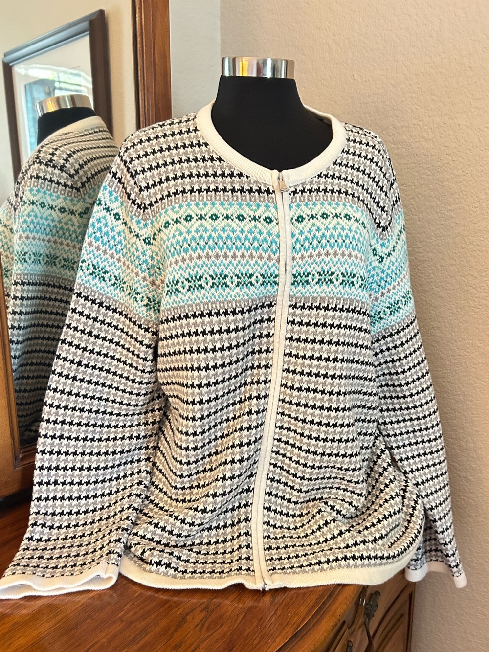 Talbot’s Zip-Front Fair Isle Sweater - Cream, Black & Aqua. Size 2X. NWTGS
